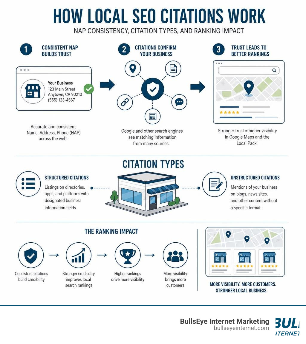Consistent NAP citations building trust and improving local search rankings.