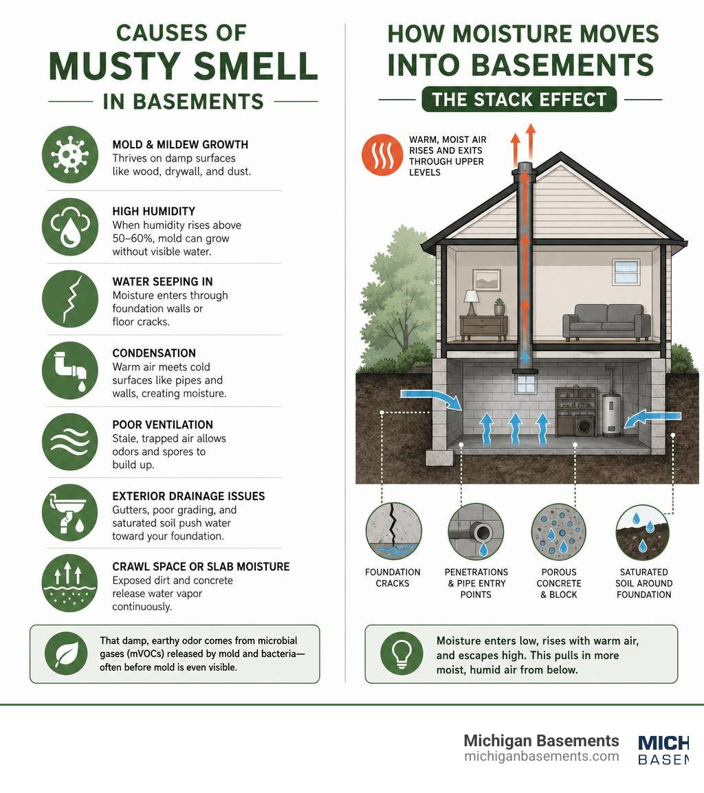 infographic showing causes of musty basement smell and how moisture moves into basements via stack effect infographic