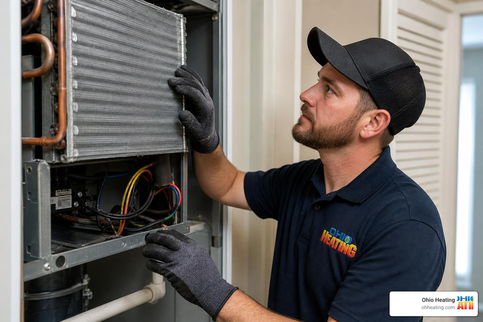 Realistic, high-quality photo of a professional HVAC technician wearing work gloves and a shirt with the 'Ohio Heating' logo