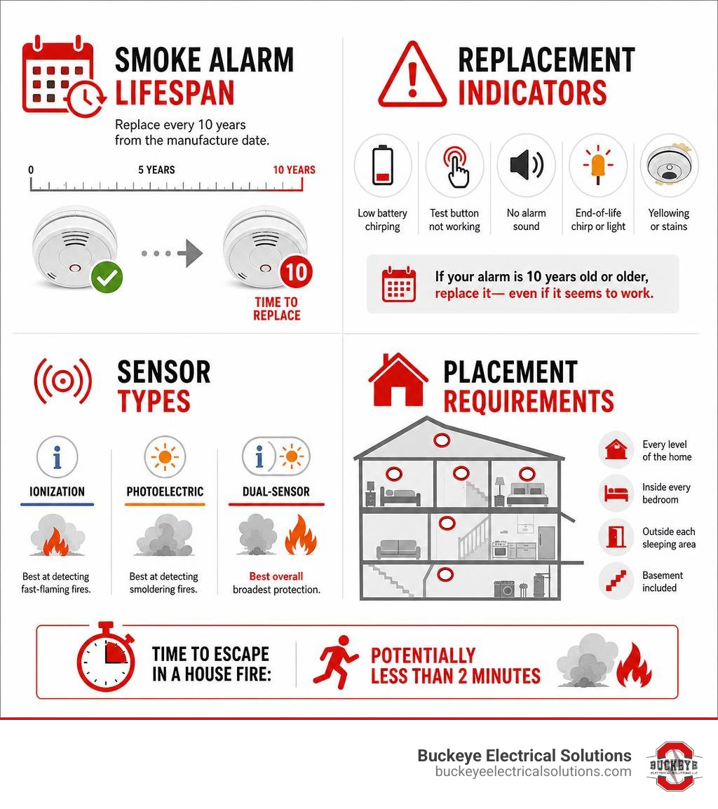 smoke alarm lifespan, replacement indicators, sensor types, and placement requirements infographic infographic