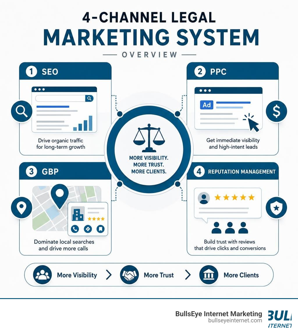4-channel legal marketing system overview: SEO, PPC, GBP, and reputation management infographic 4-channel legal marketing system overview: SEO, PPC, GBP, and reputation management for increased visibility and