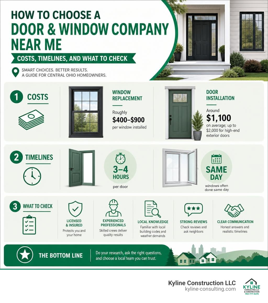 How to choose a door and window company near me - costs, timelines, and what to check infographic