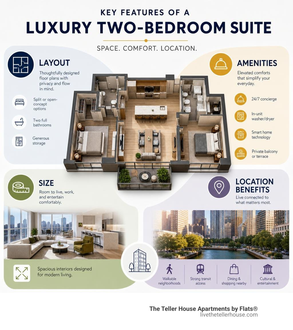 Key features of a luxury two-bedroom suite: layout, amenities, size, and location benefits infographic