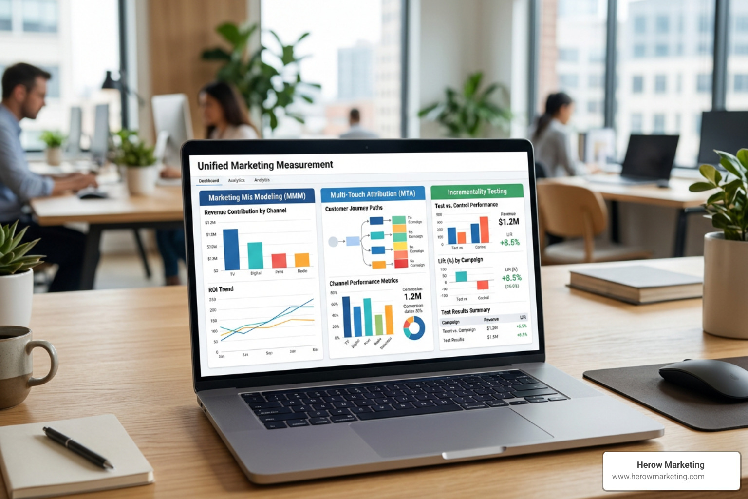 Unified marketing measurement dashboard showing MMM, MTA, and incrementality