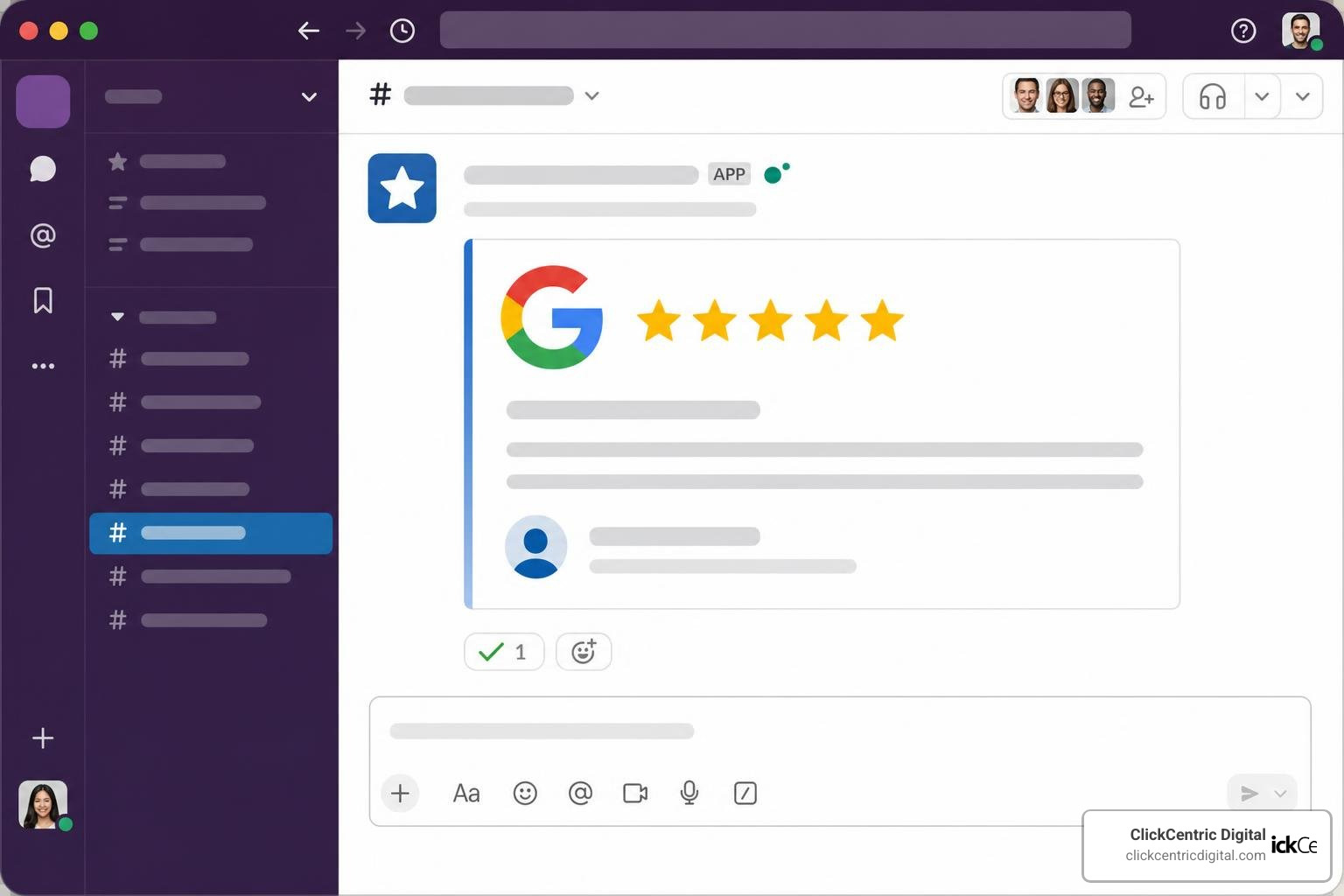 Slack notification interface showing a new 5-star Google review Slack notification interface showing a new 5-star Google review