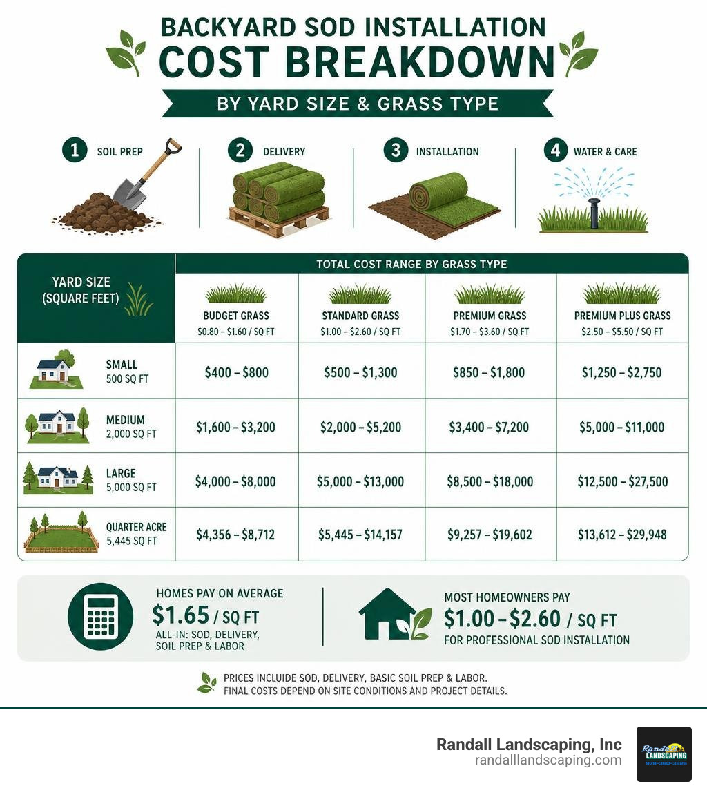 Backyard sod installation cost breakdown infographic by yard size and grass type infographic