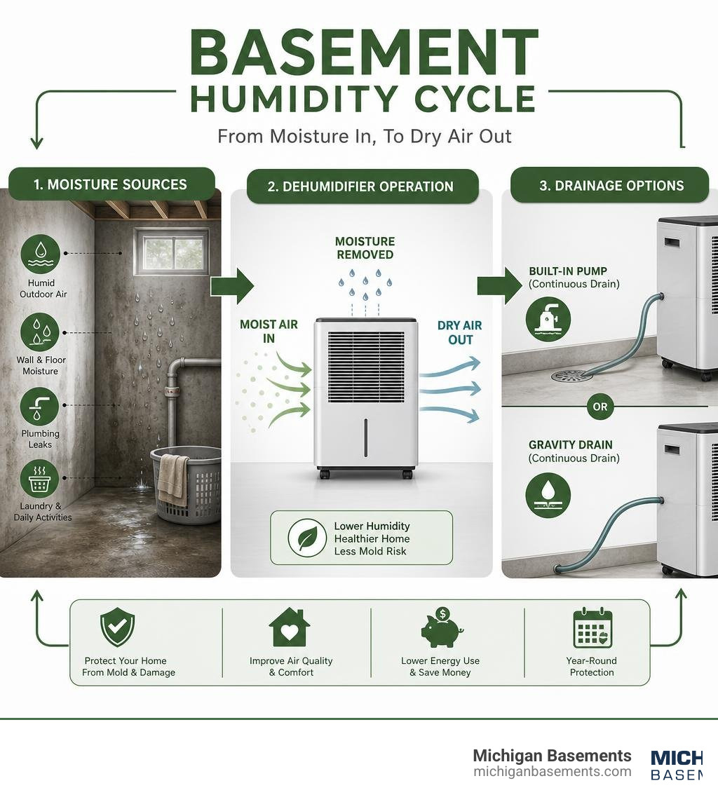 basement humidity cycle showing moisture sources, dehumidifier operation, and drainage options infographic