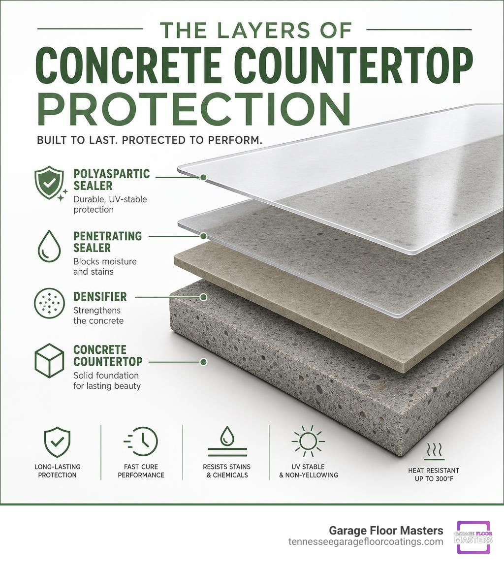 Infographic showing layers of concrete countertop protection with polyaspartic sealer on top infographic Infographic showing layers of concrete countertop protection with polyaspartic sealer on top infographic