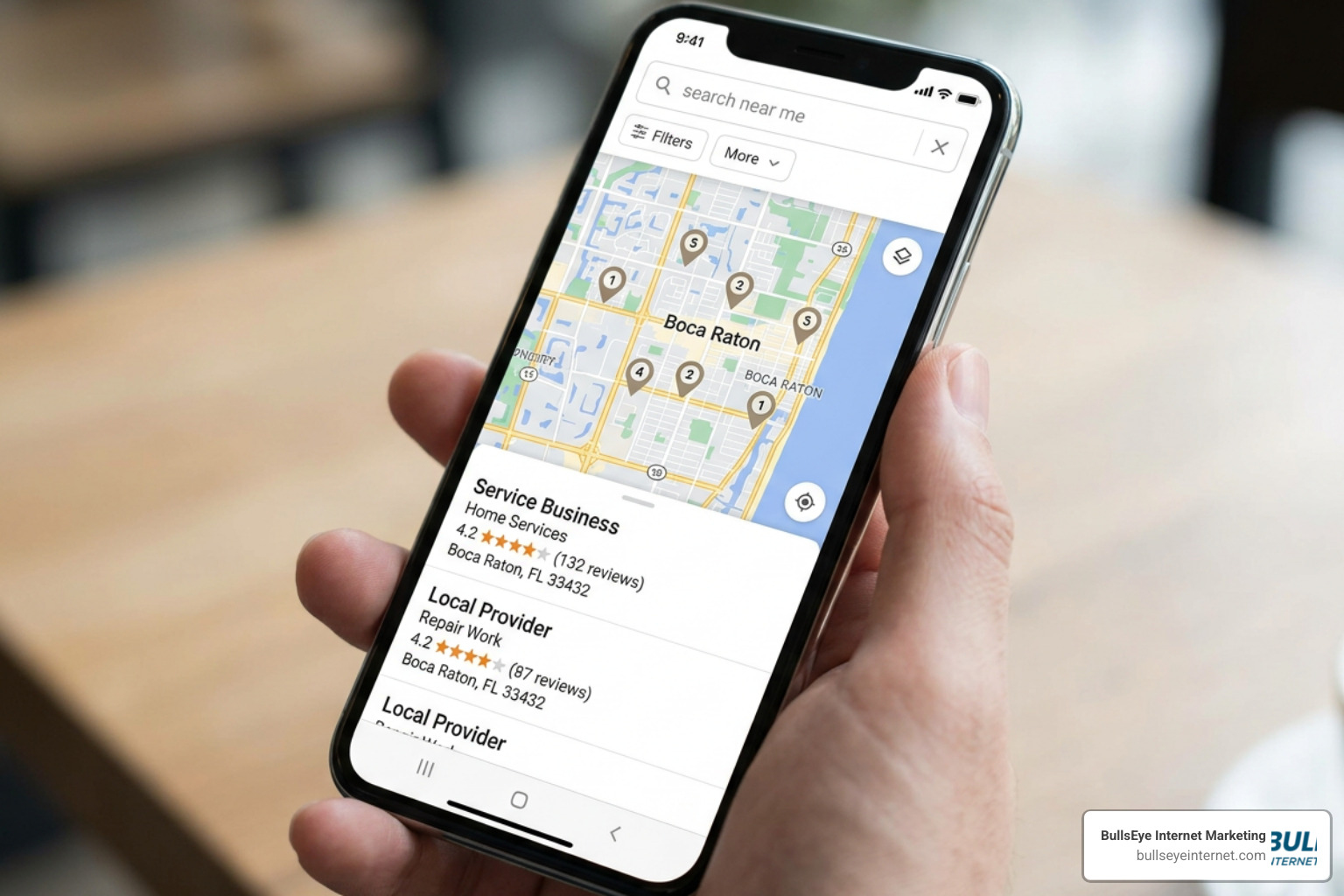 A smartphone displaying local search results and map pack rankings for service businesses in Boca Raton
