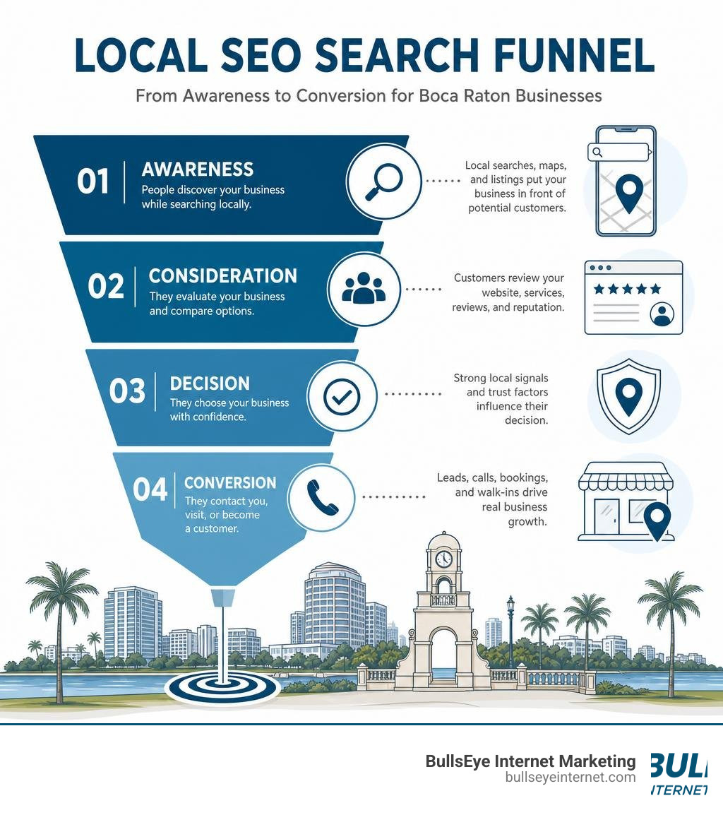 Local SEO search funnel showing awareness to conversion stages for Boca Raton businesses infographic