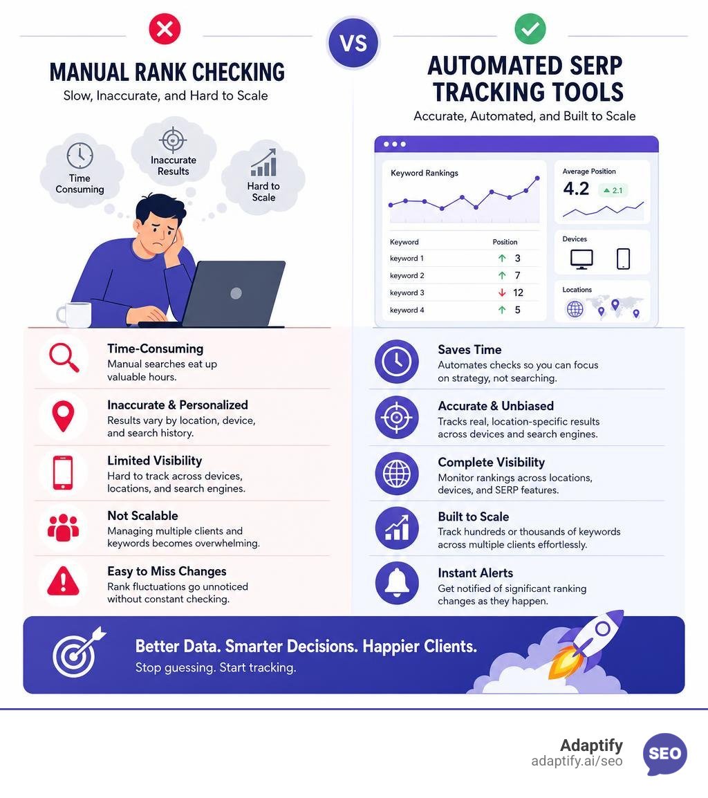 Infographic showing limitations of manual rank checking vs automated SERP tracking tools infographic