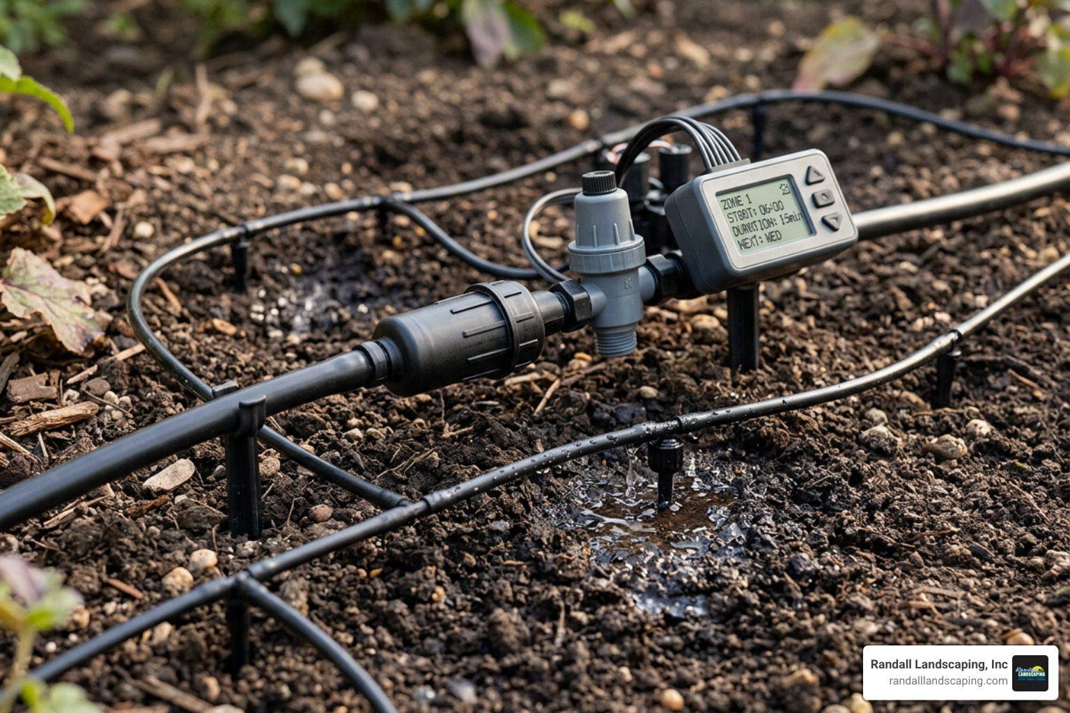 Anatomy of an automated drip irrigation system showing tubing, emitters, filter, pressure regulator, and smart controller Anatomy of an automated drip irrigation system showing tubing, emitters, filter, pressure regulator, and smart controller