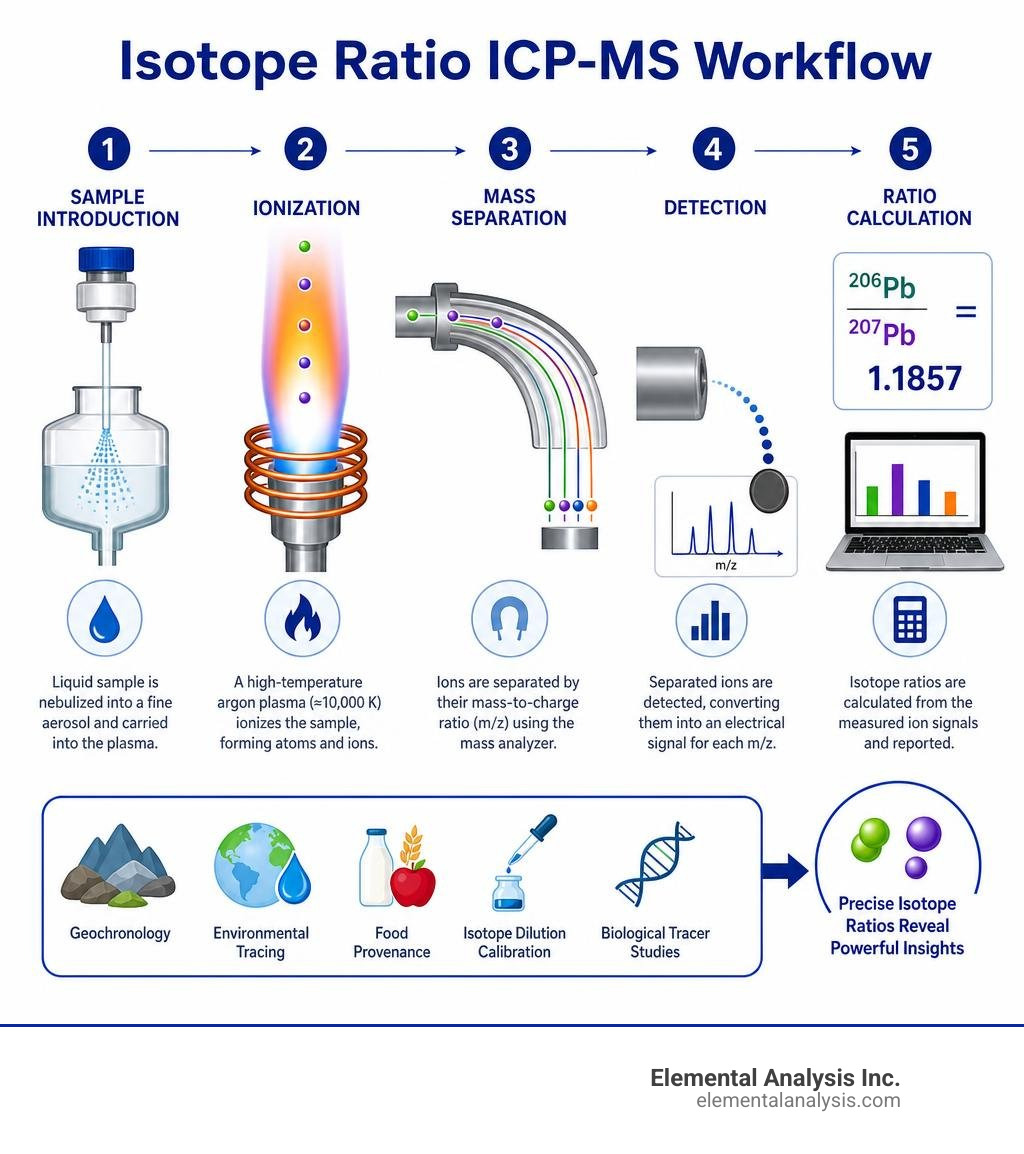 Isotope ratio ICP-MS workflow: sample introduction, ionization, mass separation, detection, ratio calculation infographic