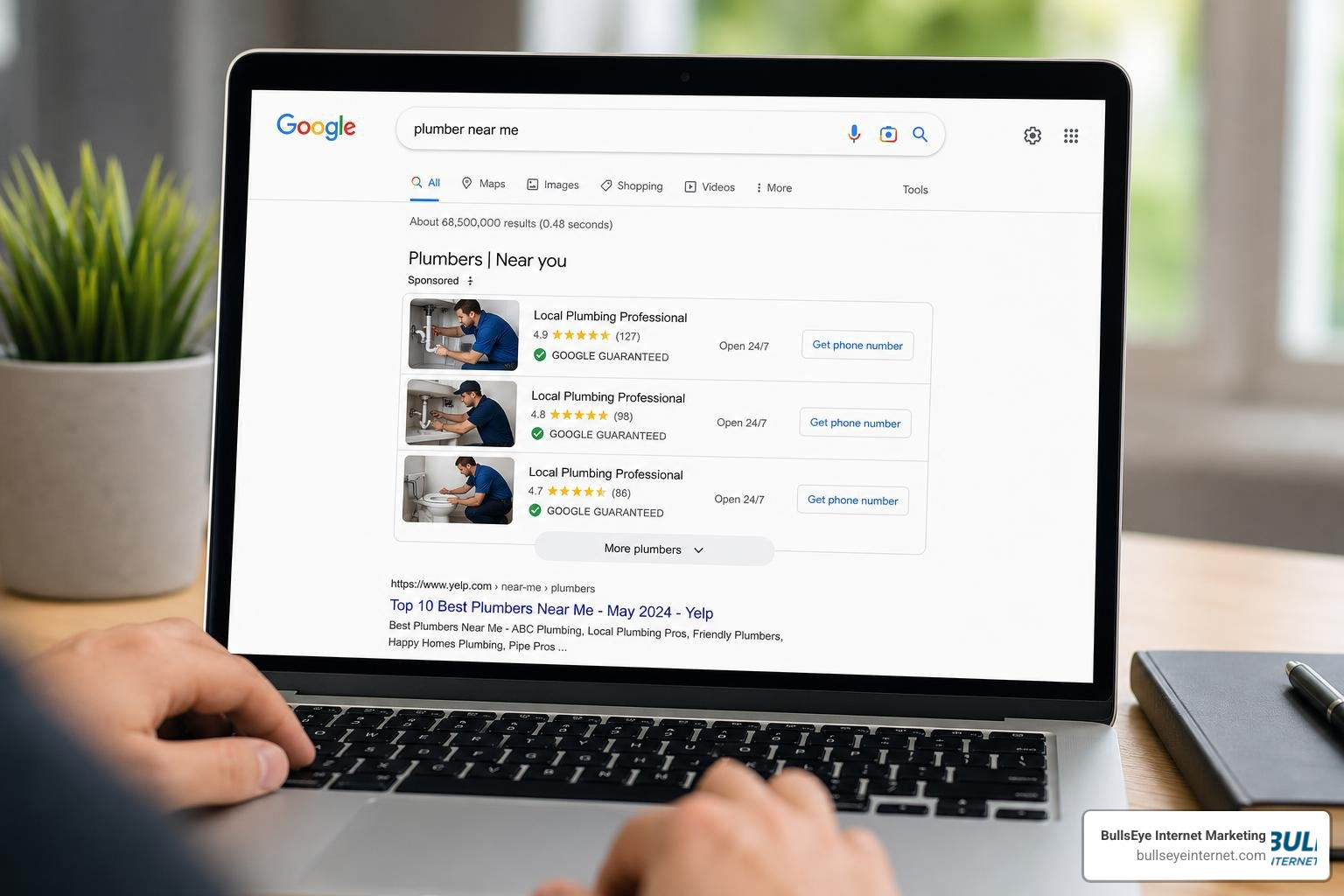 Google Local Services Ads search results showing verified badge Google Screened plumber ad on laptop search results page, highlighting Google Guarantee badge.