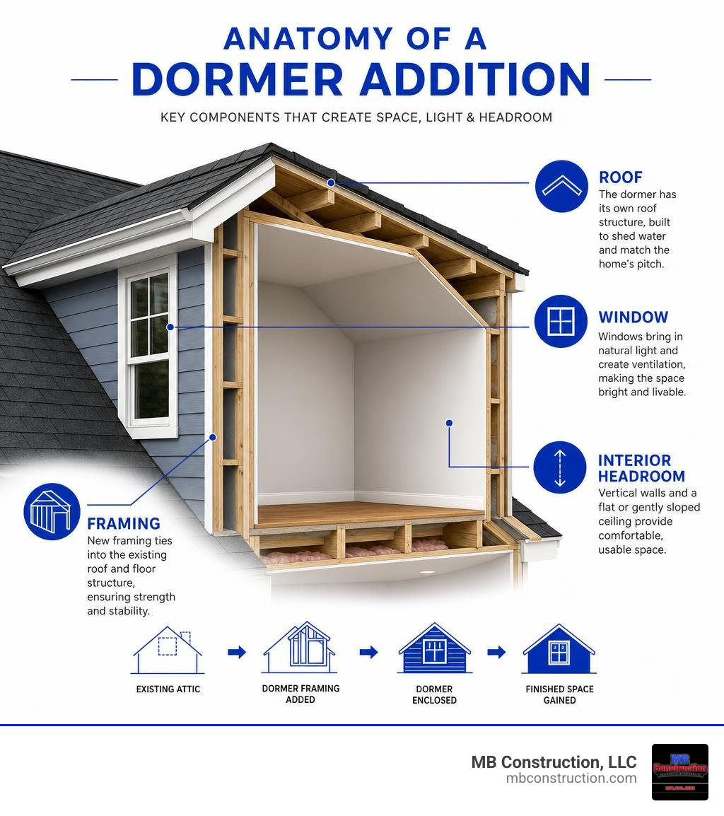 Anatomy of a dormer addition showing roof, window, framing, and interior headroom components infographic