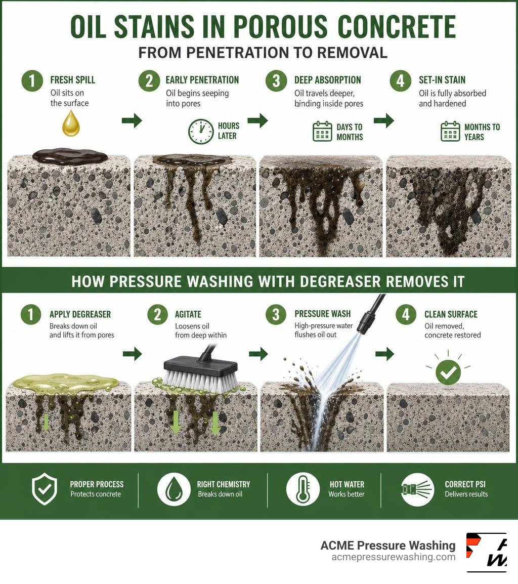 infographic showing oil penetration stages in porous concrete and how pressure washing with degreaser removes it infographic