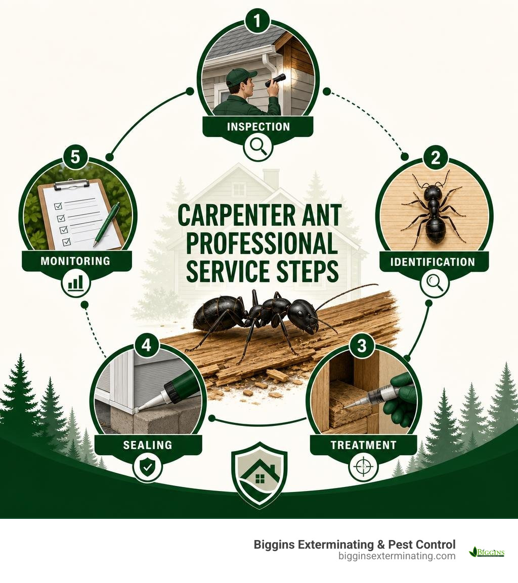 Carpenter ant professional service steps: inspection, identification, treatment, sealing, monitoring infographic Carpenter ant professional service steps: inspection, identification, treatment, sealing, monitoring infographic