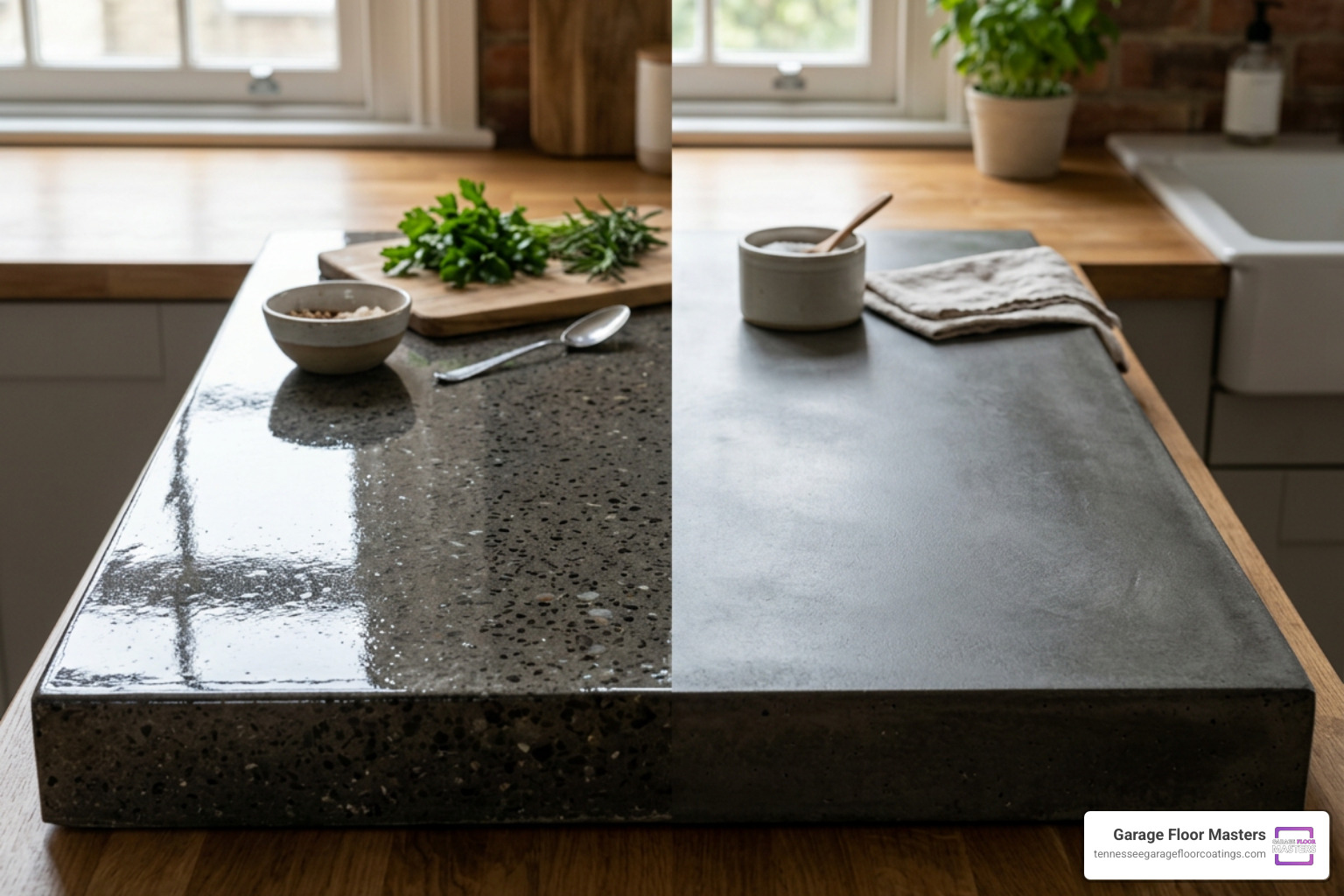 Image comparing a high-gloss concrete sealer finish with a modern satin concrete finish Image comparing a high-gloss concrete sealer finish with a modern satin concrete finish