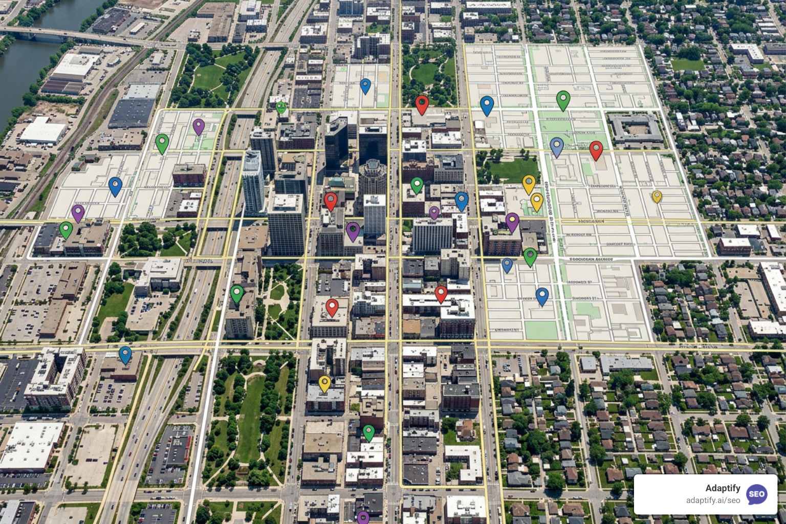 Localized search map grid showing rank positions across a city