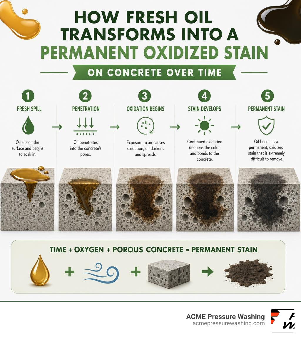 How fresh oil transforms into a permanent oxidized stain on concrete over time infographic