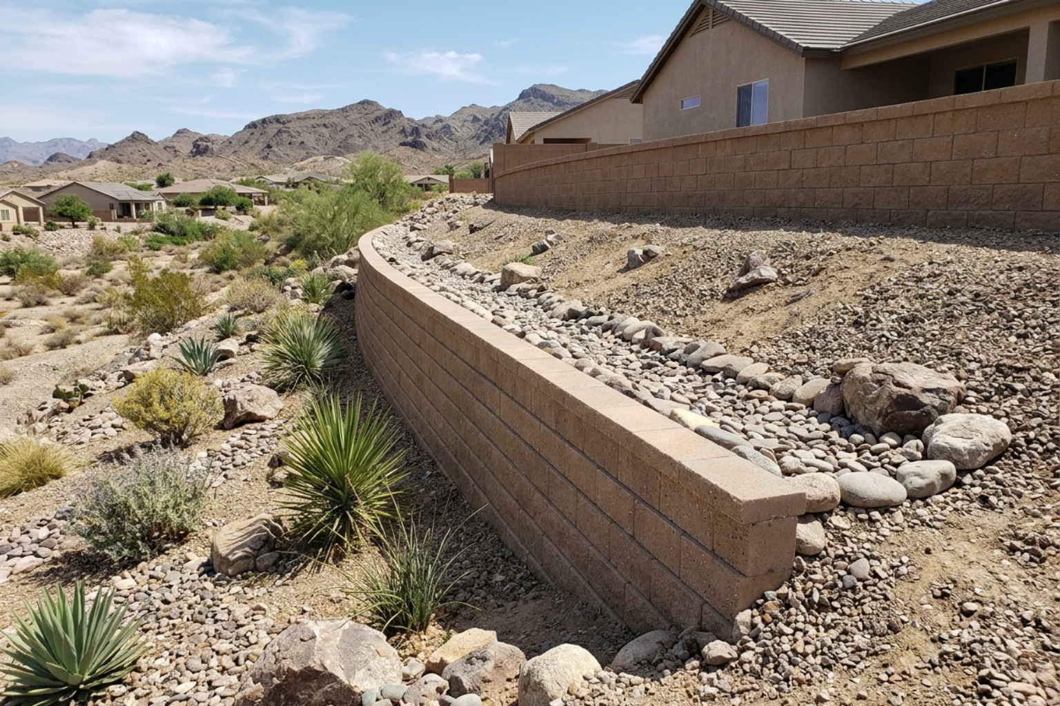 Surface swale directing storm water away from retaining wall crest Surface swale directing storm water away from retaining wall crest