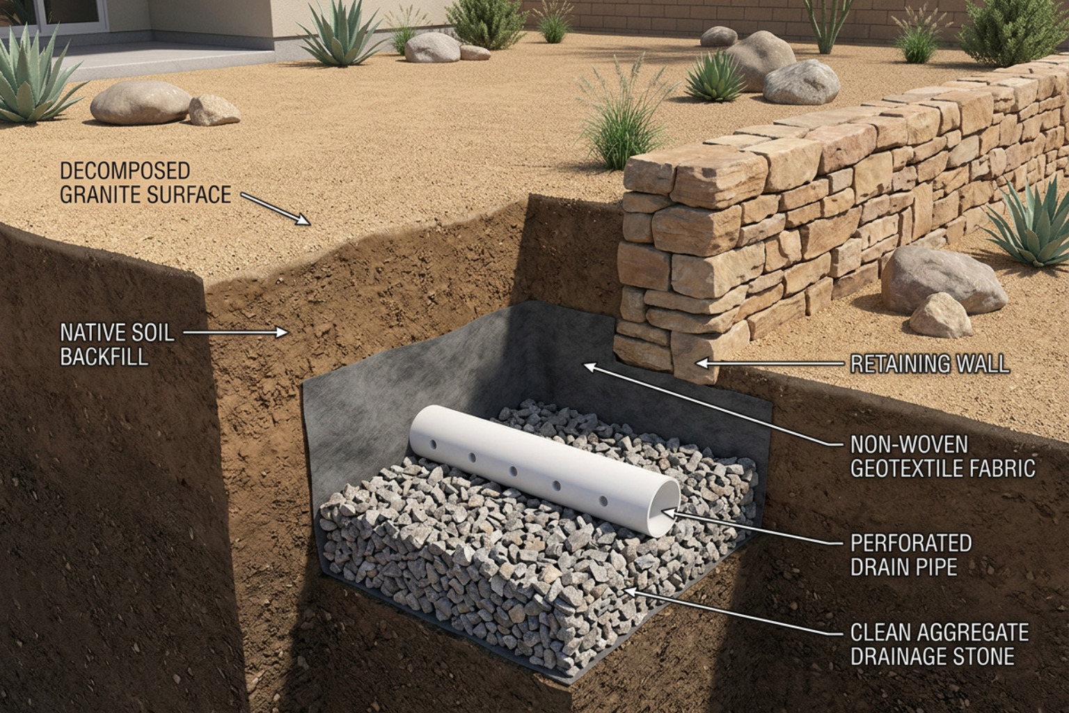 Perforated PVC pipe placement behind retaining wall base Perforated PVC pipe placement behind retaining wall base