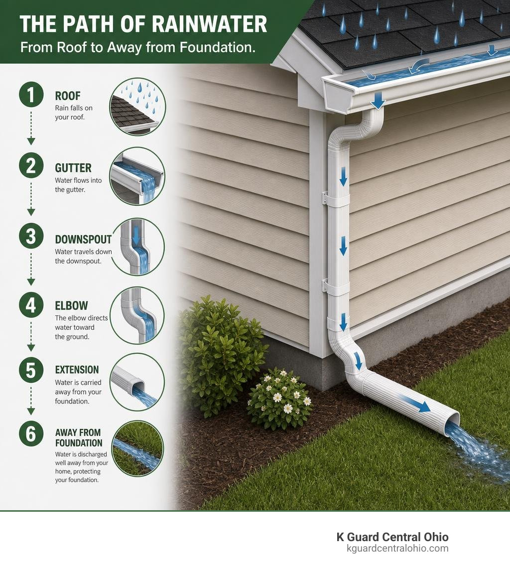 Step-by-step flow of rainwater from roof through gutter to downspout and away from foundation infographic Step-by-step flow of rainwater from roof through gutter to downspout and away from foundation infographic