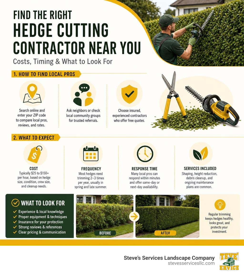 Infographic showing how to find hedge cutting contractors near me, costs, timing, and what to look for infographic