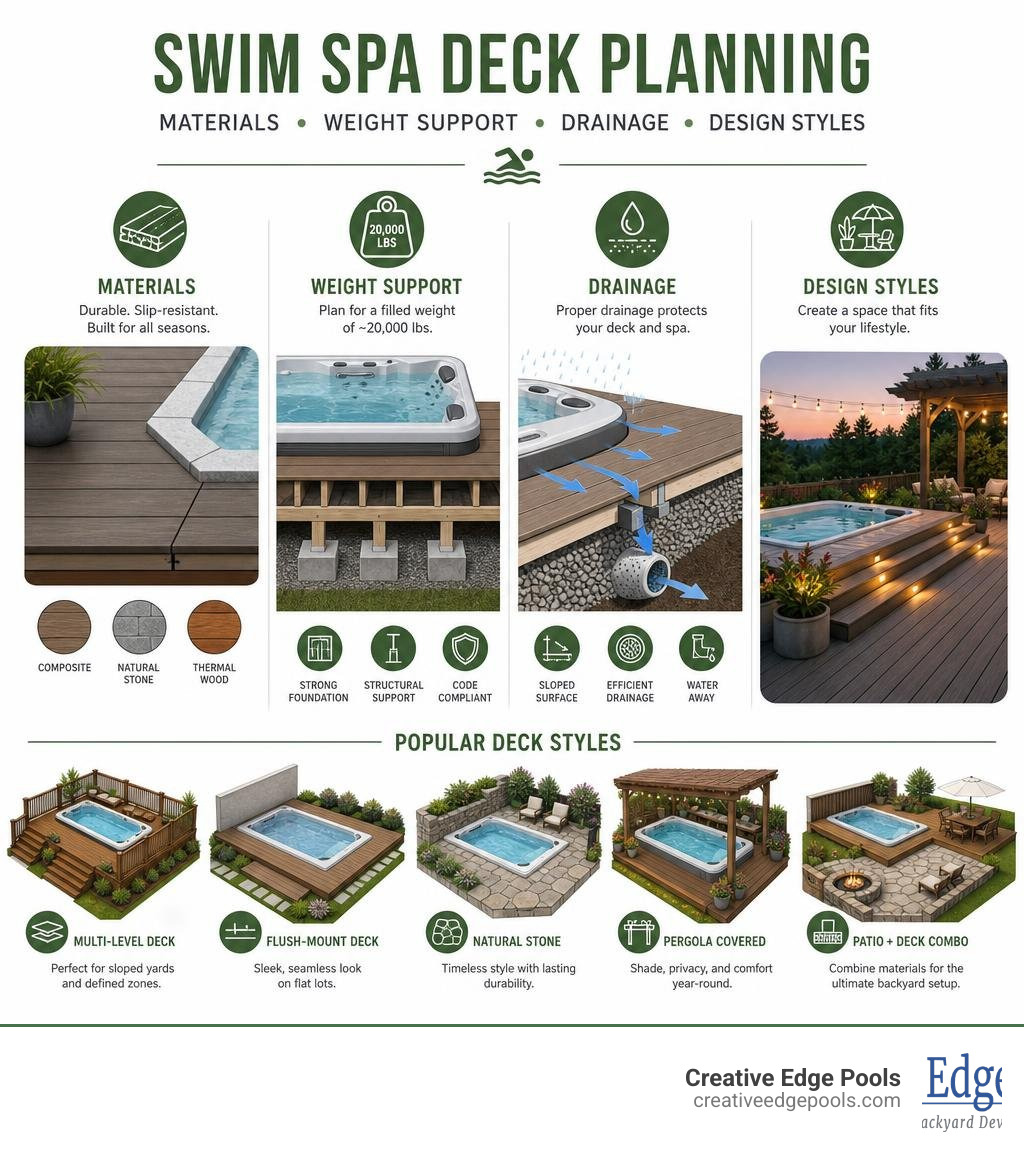 Swim spa deck planning infographic: materials, weight support, drainage, and design styles infographic