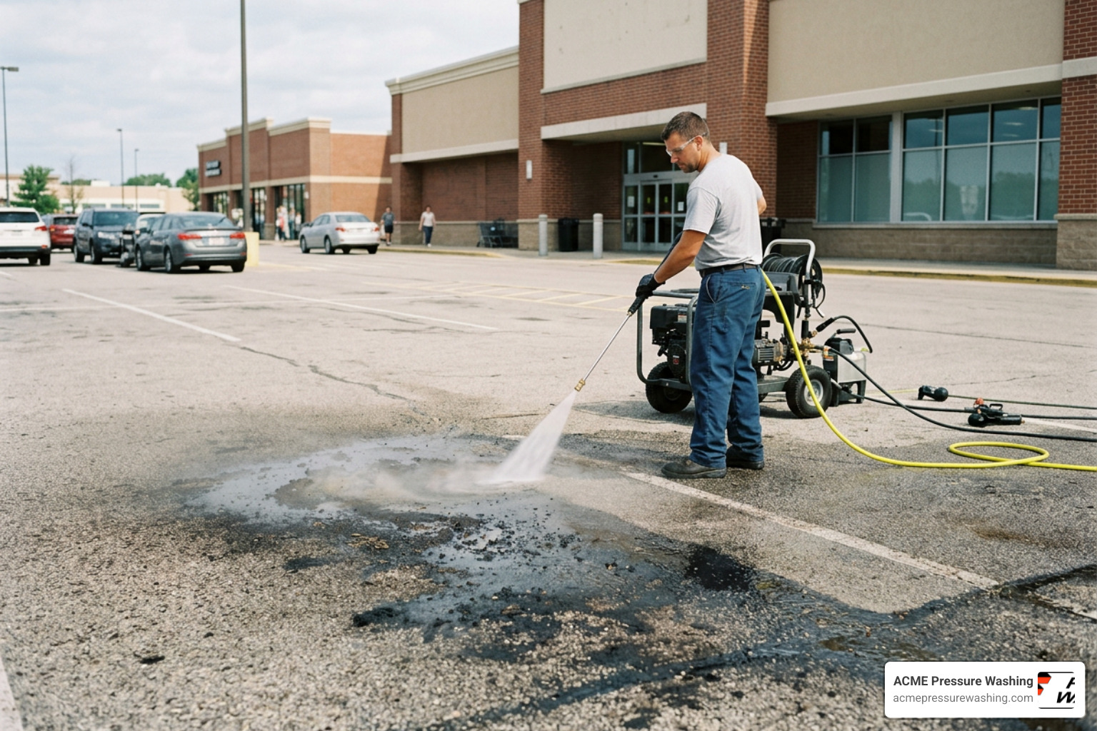 commercial pressure washing of oil stained pavement