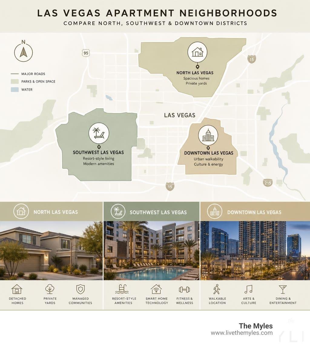 Las Vegas apartment neighborhoods map comparing North Las Vegas, Southwest, and Downtown districts infographic Las Vegas apartment neighborhoods map comparing North Las Vegas, Southwest, and Downtown districts infographic