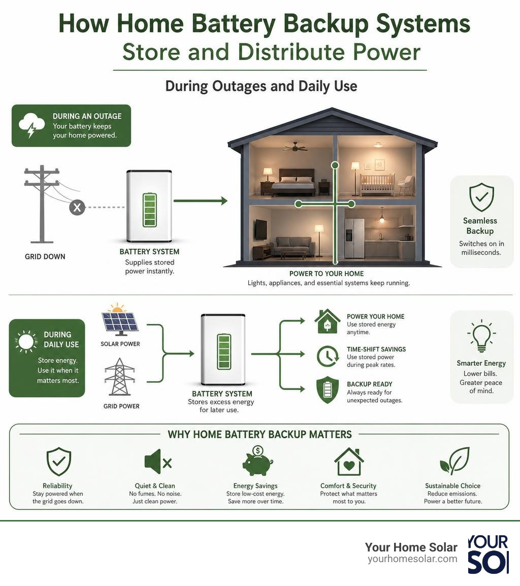 How home battery backup systems store and distribute power during outages and daily use infographic How home battery backup systems store and distribute power during outages and daily use infographic