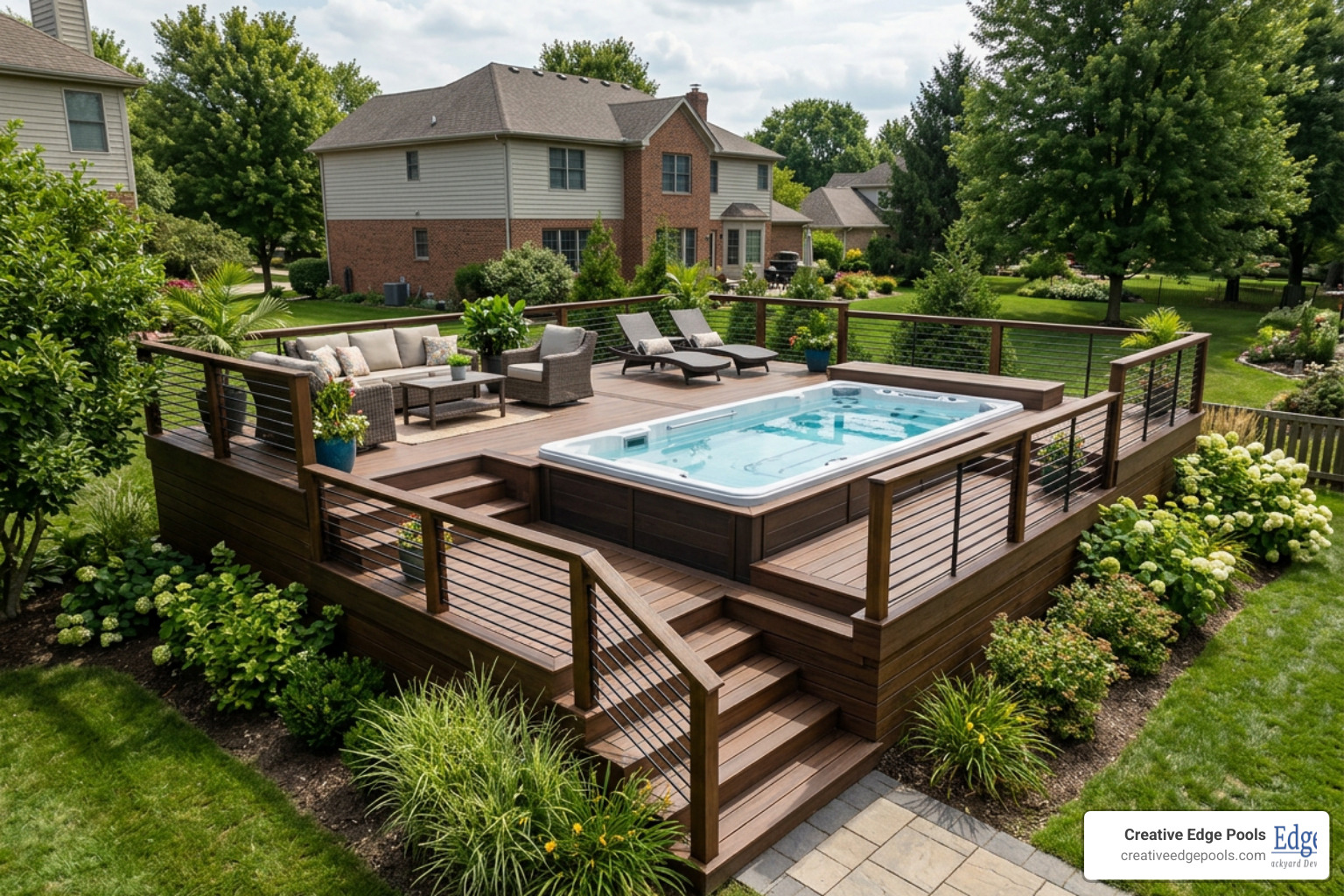 Multi-level custom swim spa deck layout