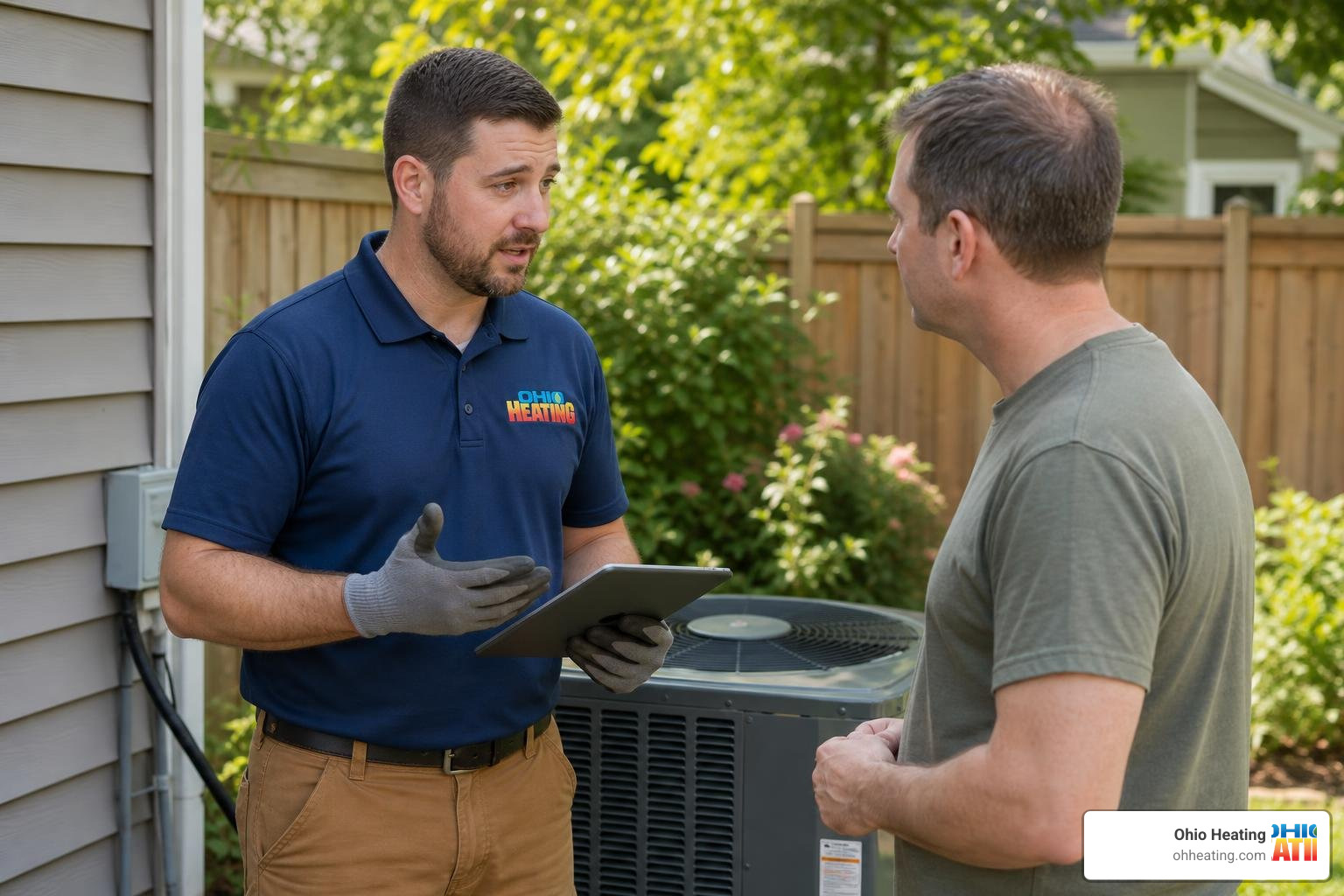 Ohio Heating technician wearing work gloves and branded shirt explaining AC replacement cost options to homeowner