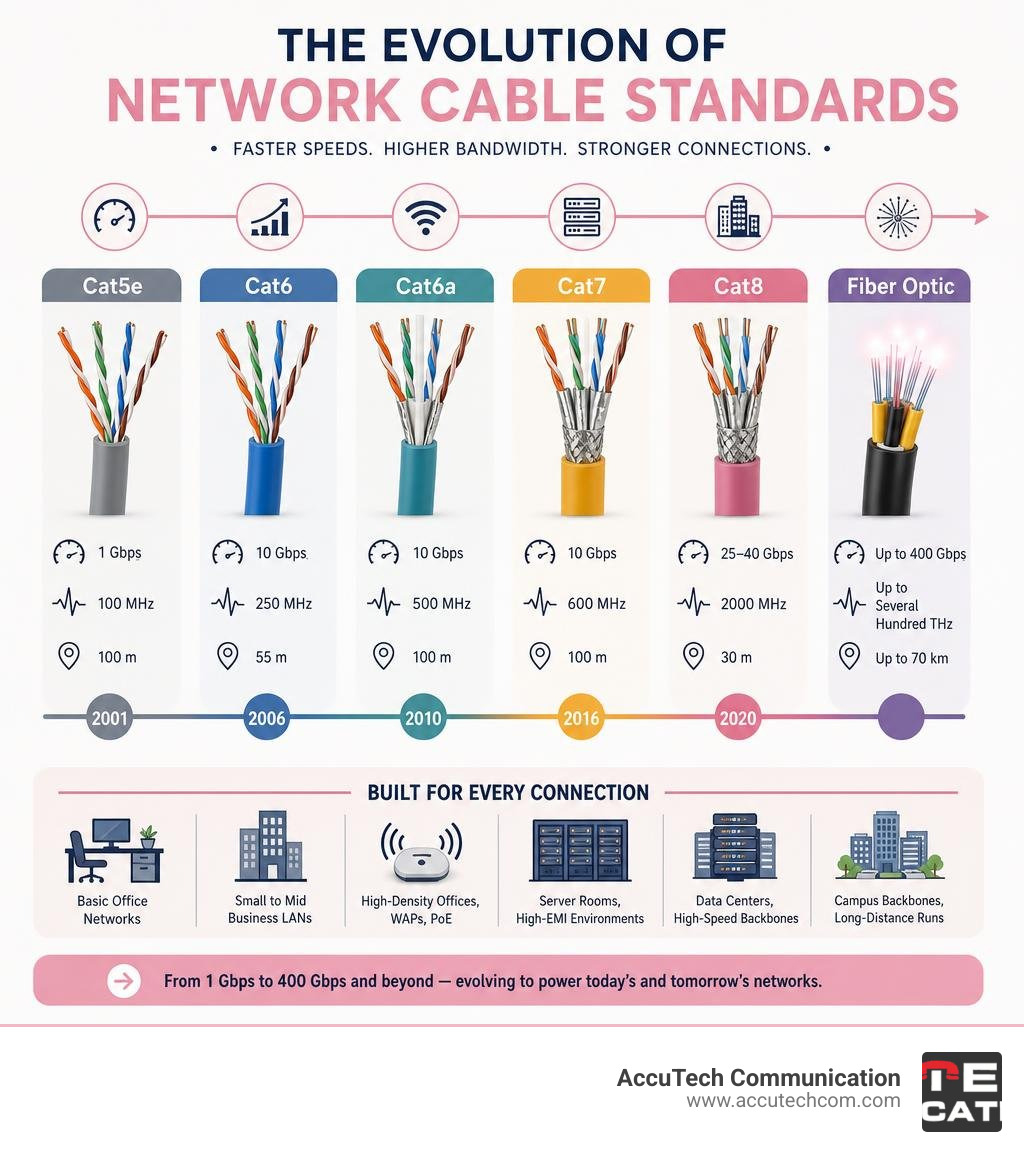 Infographic showing evolution of network cable standards from Cat5e to Cat8 and fiber optic with speed and bandwidth