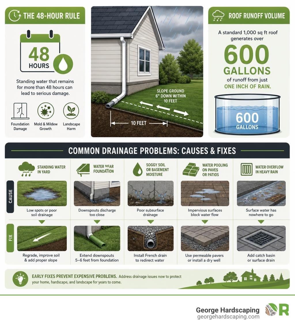 Infographic showing the 48-hour rule, roof runoff volume, and common drainage problem causes and fixes infographic