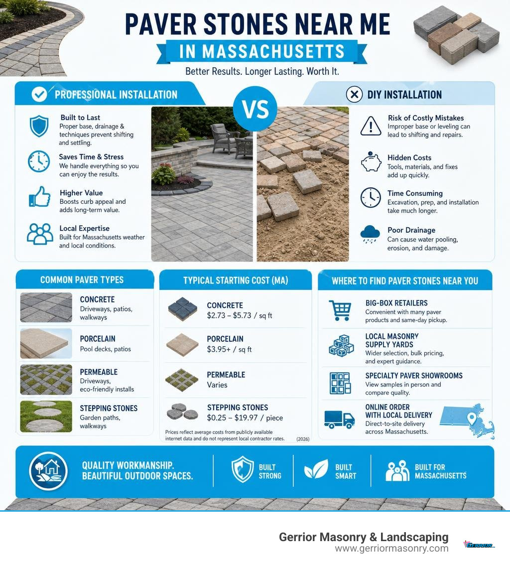 benefits of professional paver installation in Massachusetts, types, costs, and local sourcing infographic