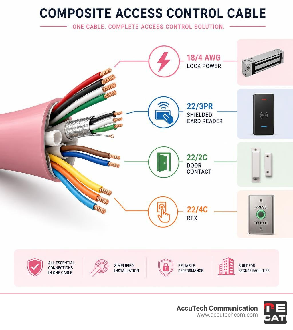 Infographic showing components of a composite access control cable: 18/4 AWG lock power, 22/3PR shielded card reader, 22/2C Infographic showing components of a composite access control cable: 18/4 AWG lock power, 22/3PR shielded card reader, 22/2C