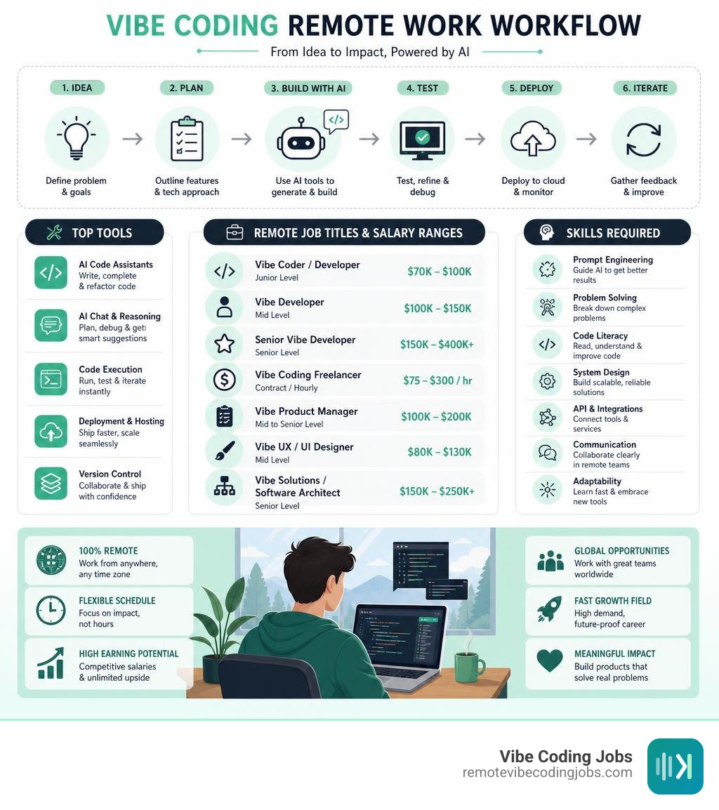 Vibe coding remote work workflow: tools, job titles, salary ranges, and skills required infographic