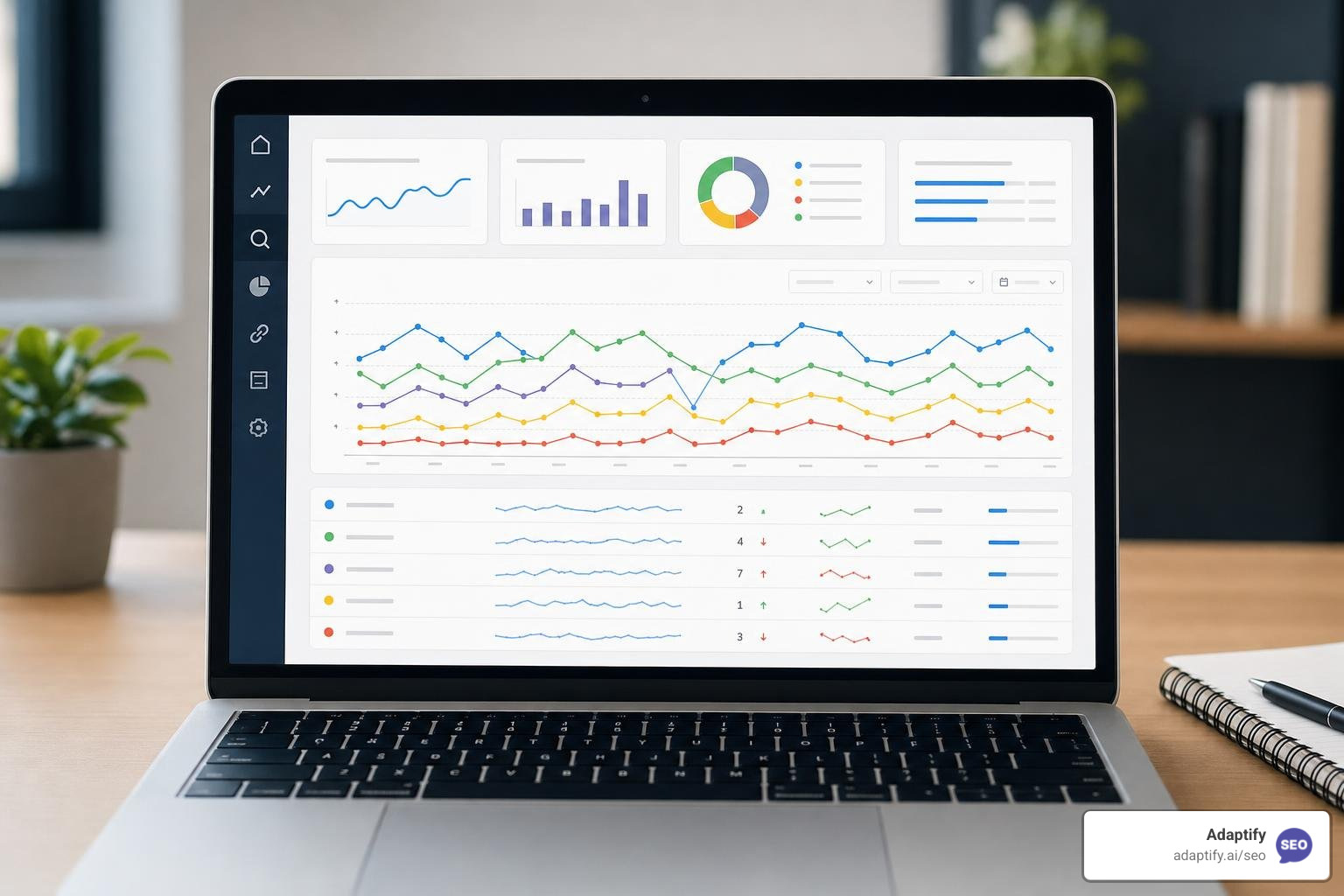 Modern SEO dashboard showing ranking fluctuations