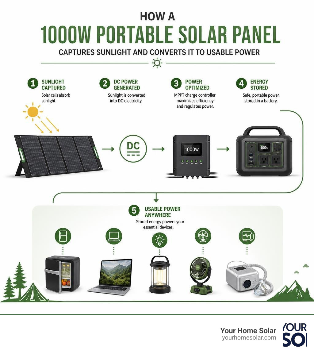 Infographic: how a 1000W portable solar panel captures sunlight and converts it to usable power infographic Infographic: how a 1000W portable solar panel captures sunlight and converts it to usable power infographic