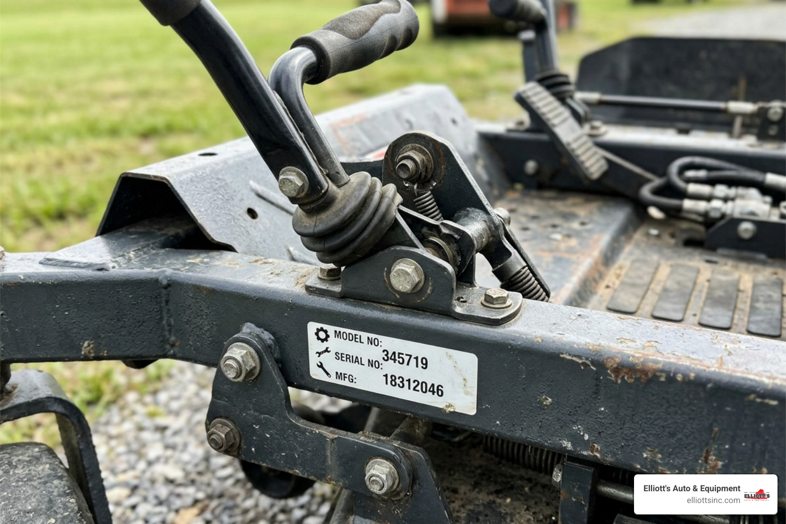 Locating the 6-digit model number on a Hustler mower frame