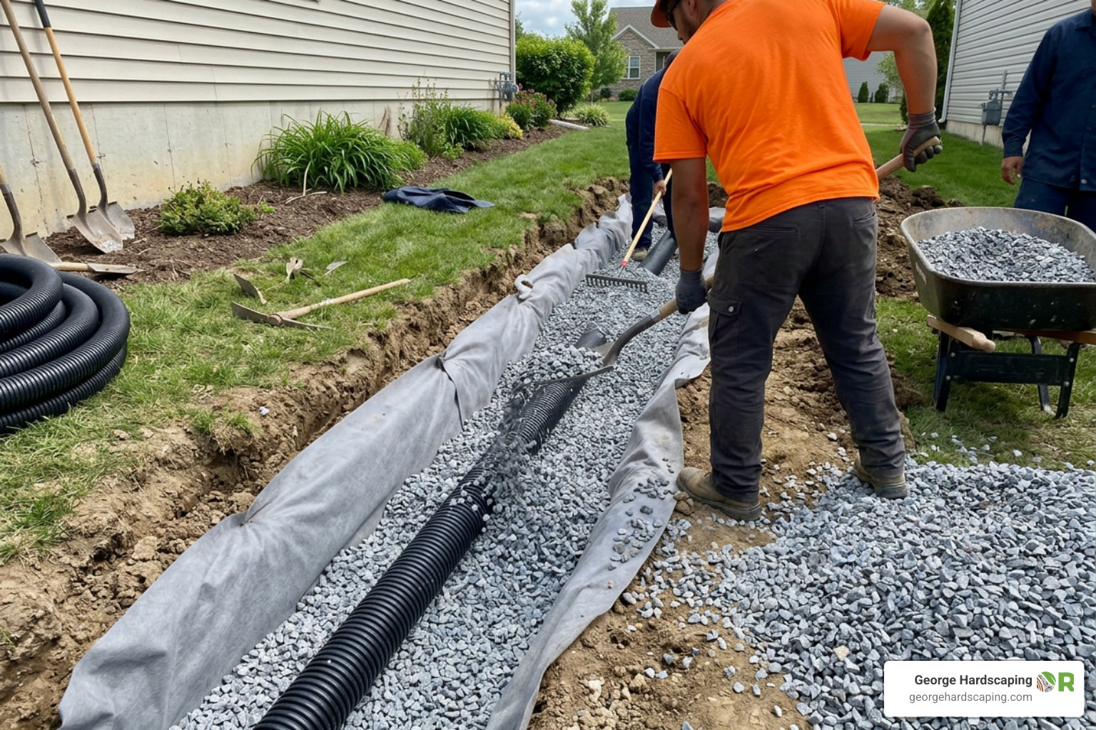 Professional French drain installation showing perforated pipe and clean gravel envelope