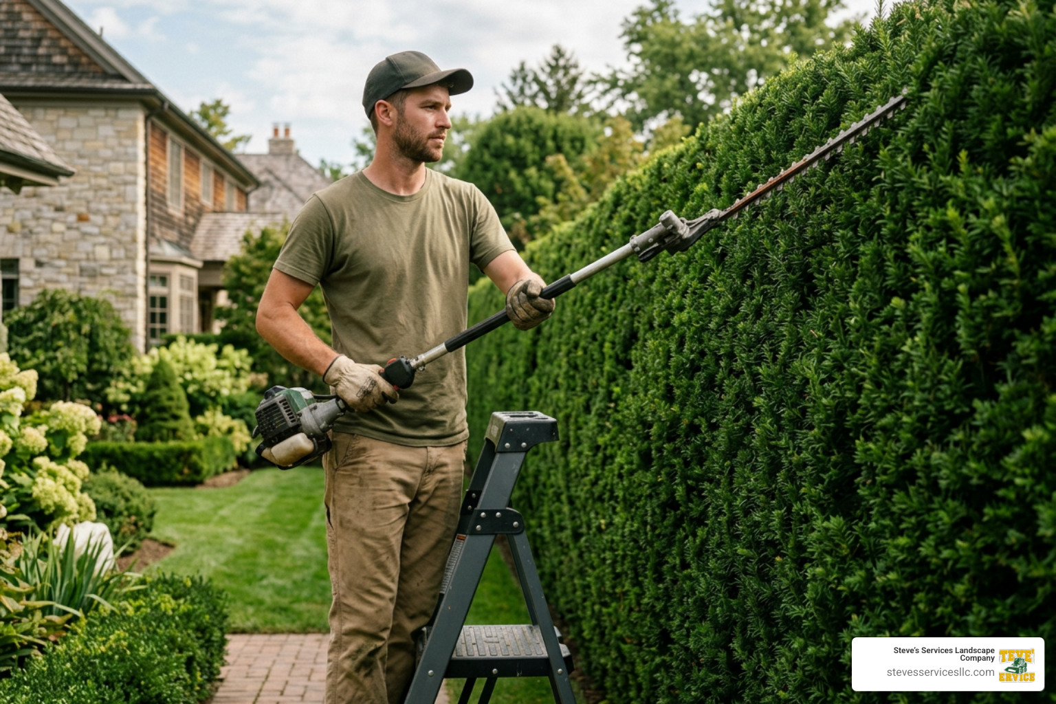 Professional landscaper trimming a tall hedge with professional equipment