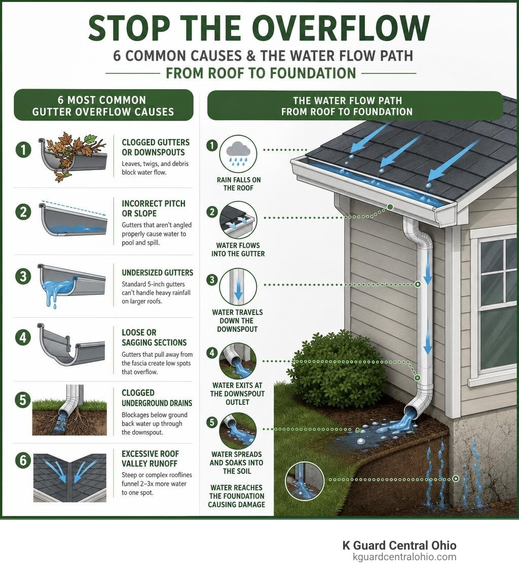 Infographic showing the 6 most common gutter overflow causes and the water flow path from roof to foundation infographic
