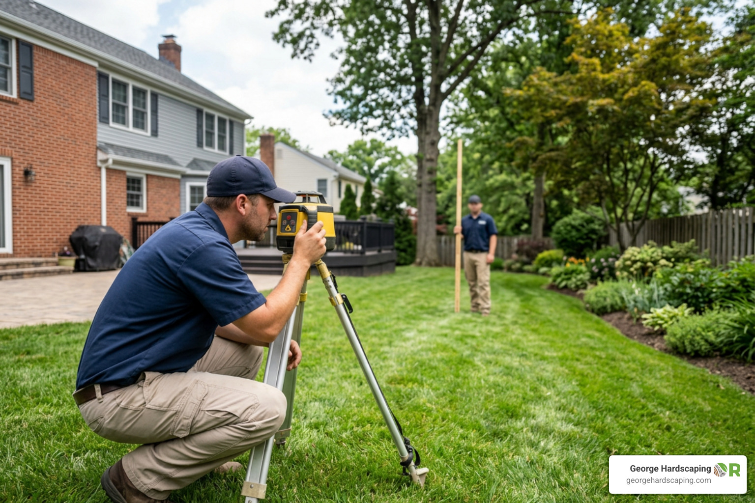 Professional landscape contractor conducting a yard slope assessment with a laser level