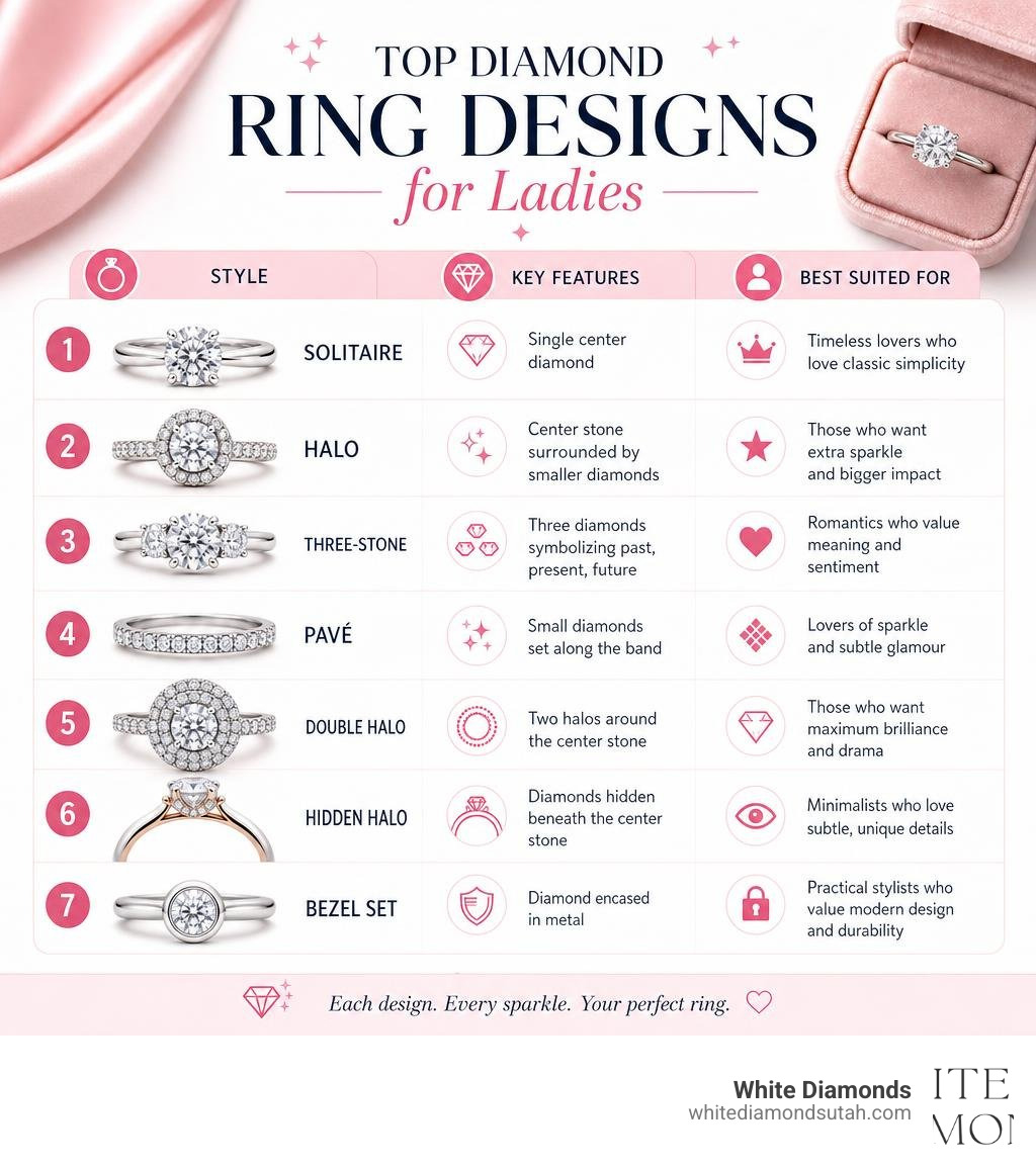Infographic showing top diamond ring designs for ladies with style names, key features, and best suited for infographic Infographic showing top diamond ring designs for ladies with style names, key features, and best suited for infographic