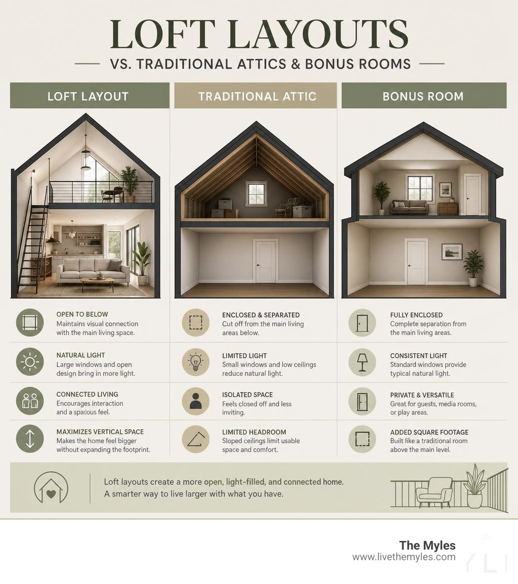 Comparing loft layouts to traditional attics and bonus rooms infographic Comparing loft layouts to traditional attics and bonus rooms infographic