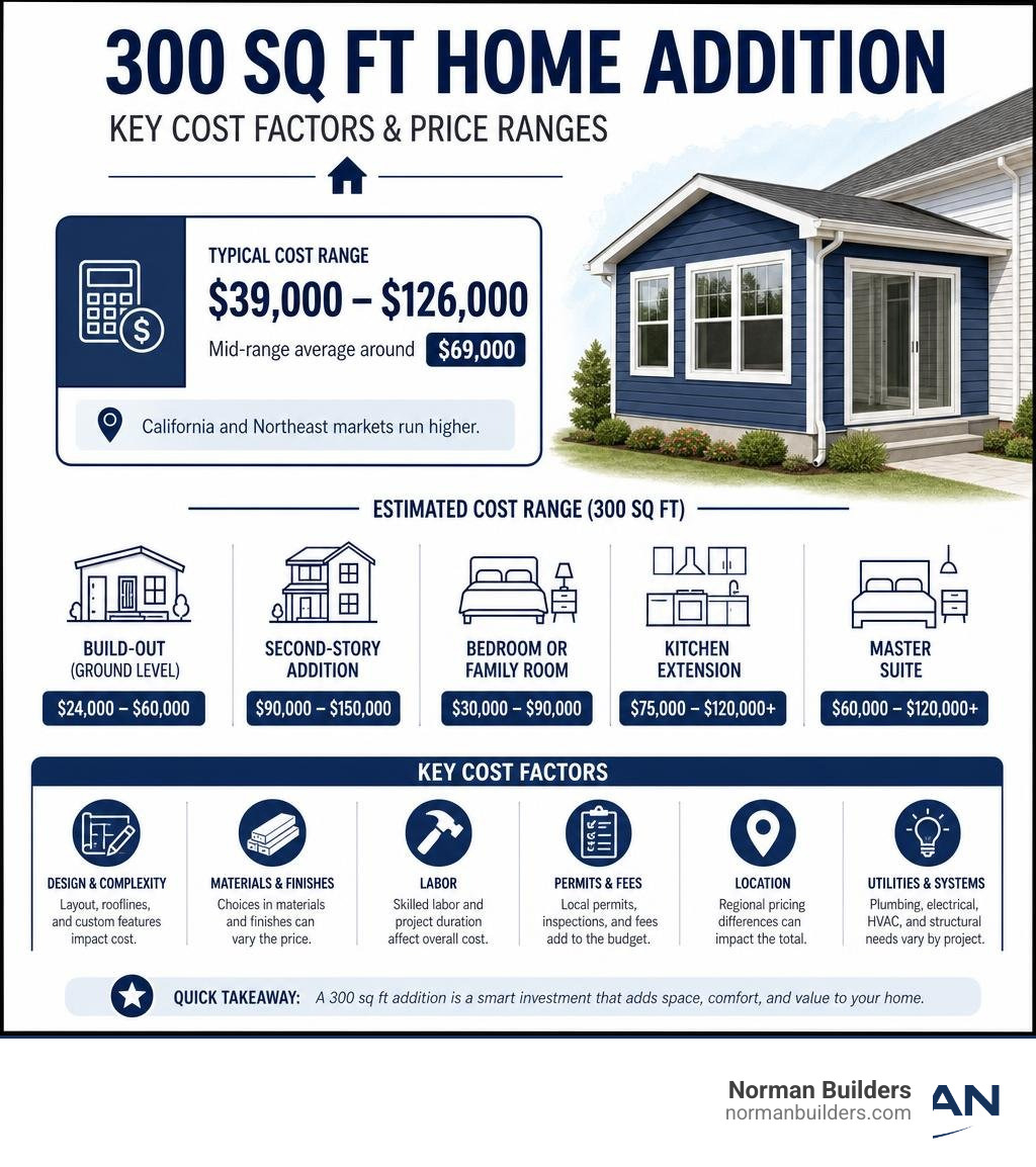 Key cost factors and price ranges for a 300 sq ft home addition infographic infographic