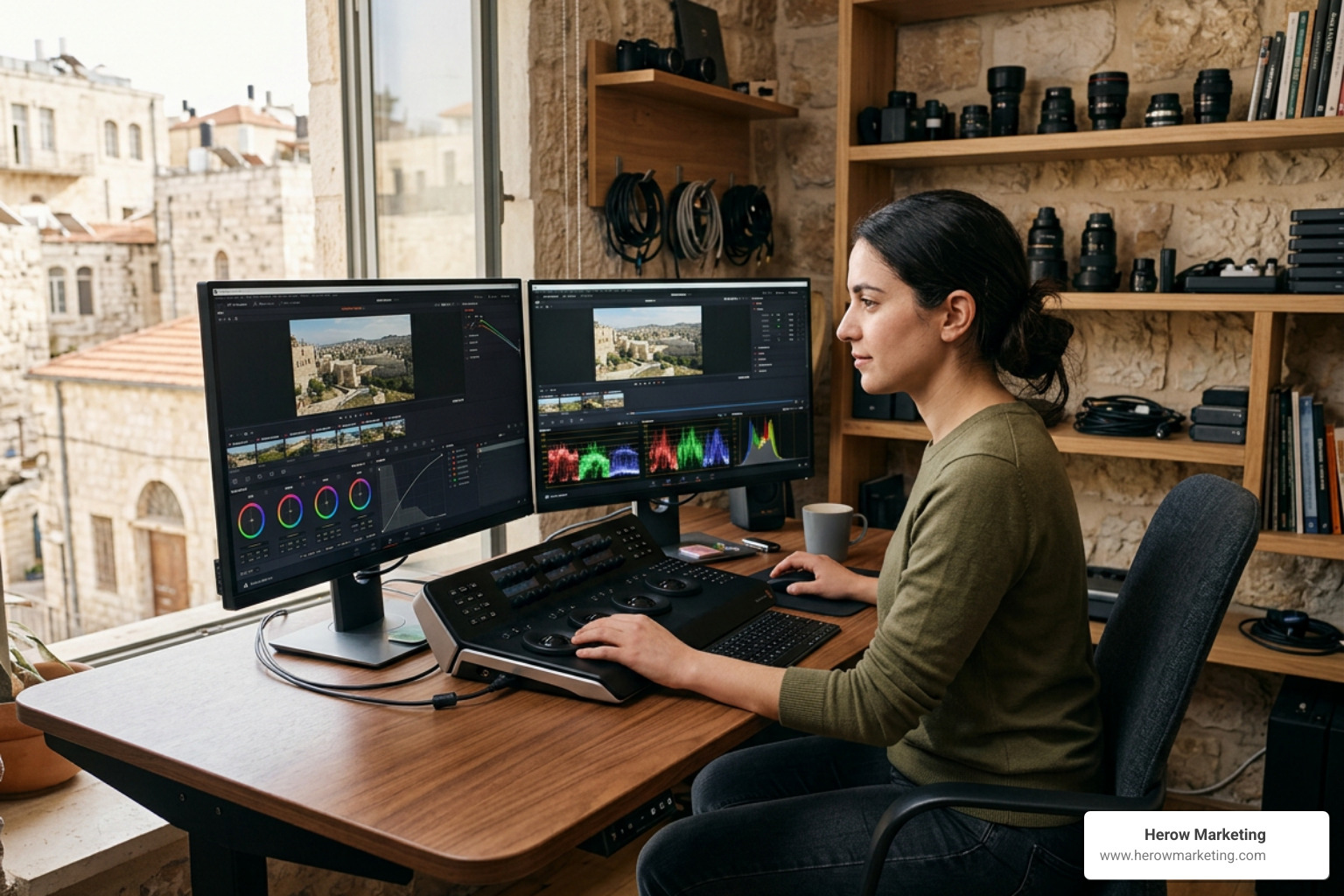 Local Bethlehem video editor fine-tuning colors in a creative studio Local Bethlehem video editor fine-tuning colors in a creative studio